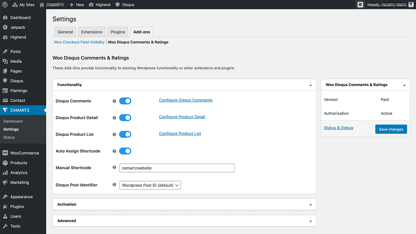 discus for wooCommerce zamartz admin setting