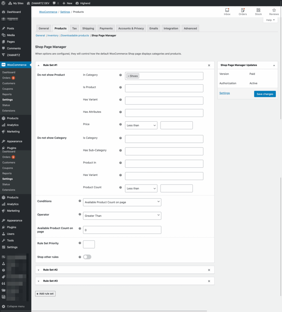 Free shop page manager woocommerce ruleset