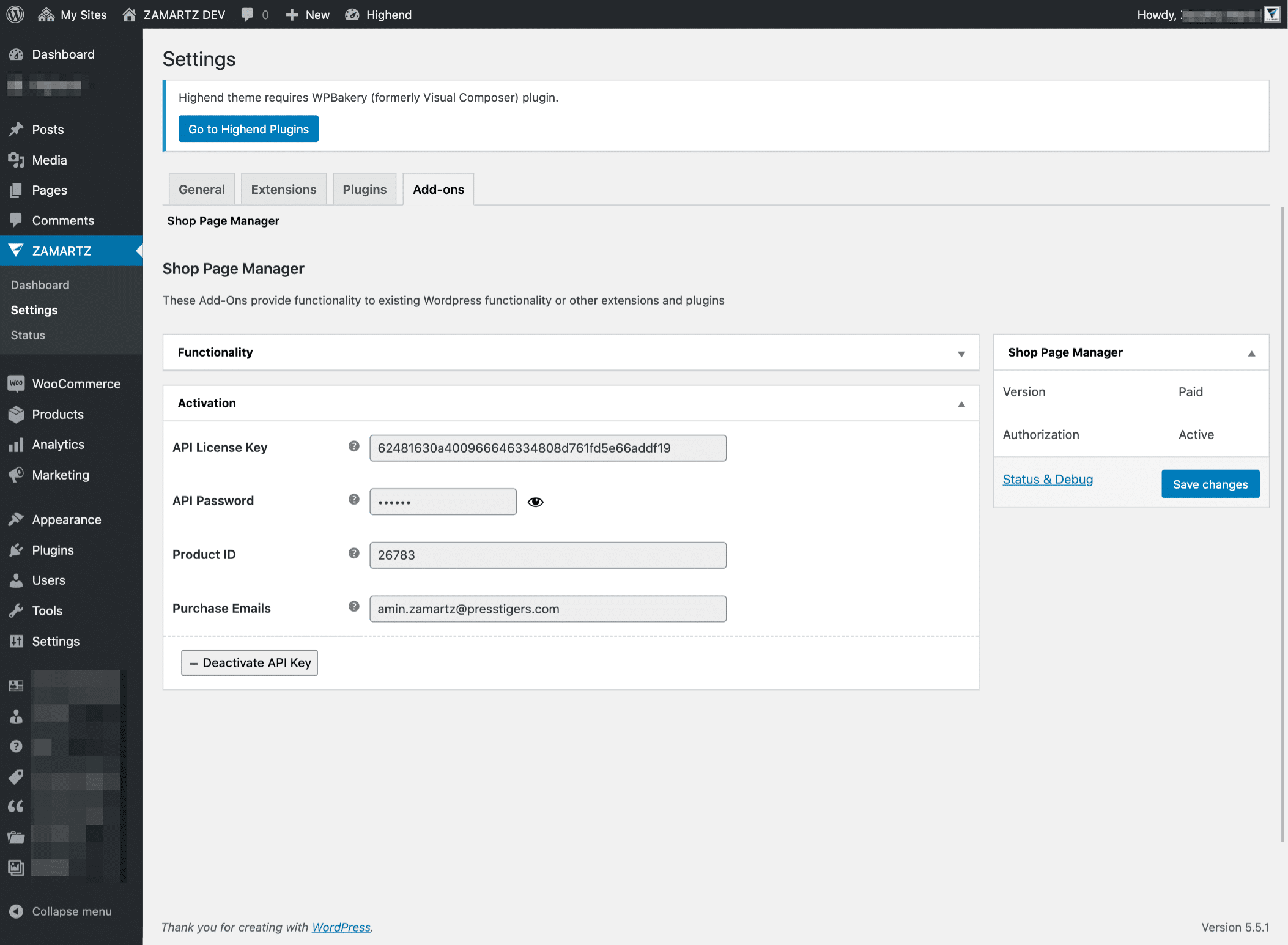 Advanced shop page manager api activation