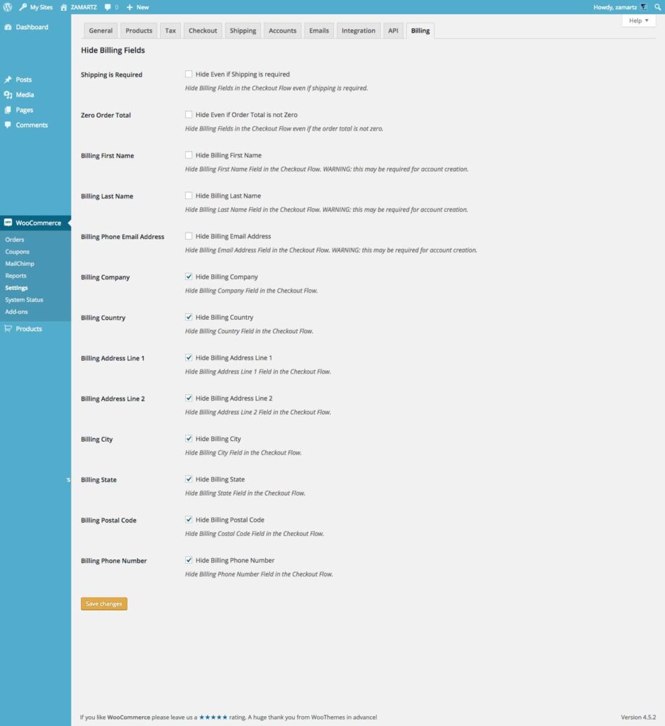 wc hide billing feilds backend