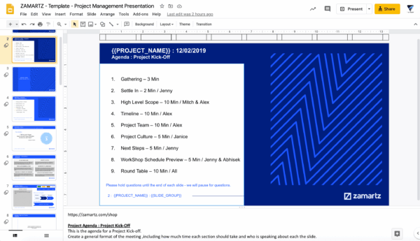 zamartz project management-presentation deck project agenda slide