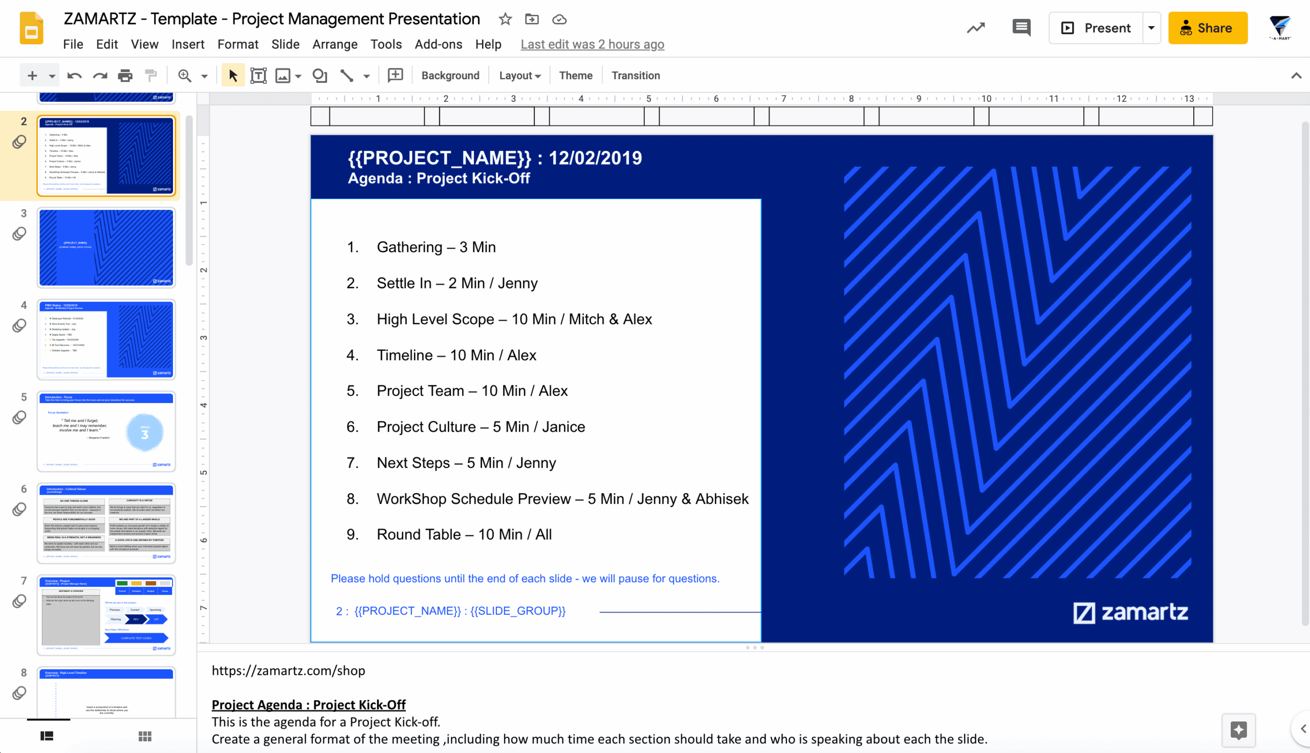 zamartz project management-presentation deck project agenda slide