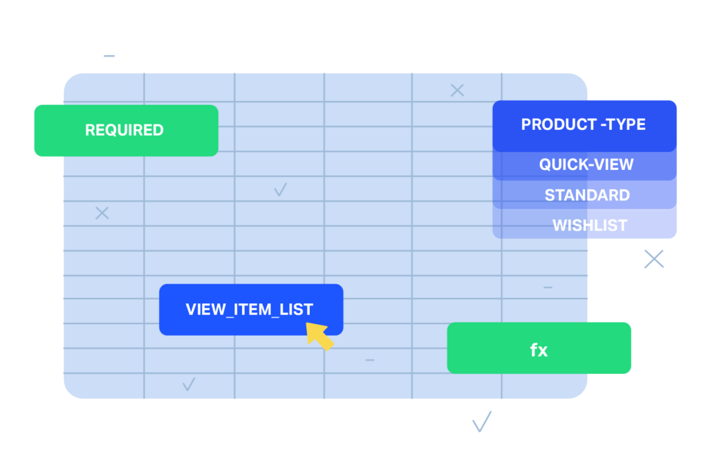 GTM tag and event matrix spreadsheet template showing a required flag, a product-type dropdown, and the view_item_list event