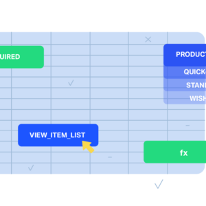 GTM tag and event matrix spreadsheet template showing a required flag, a product-type dropdown, and the view_item_list event