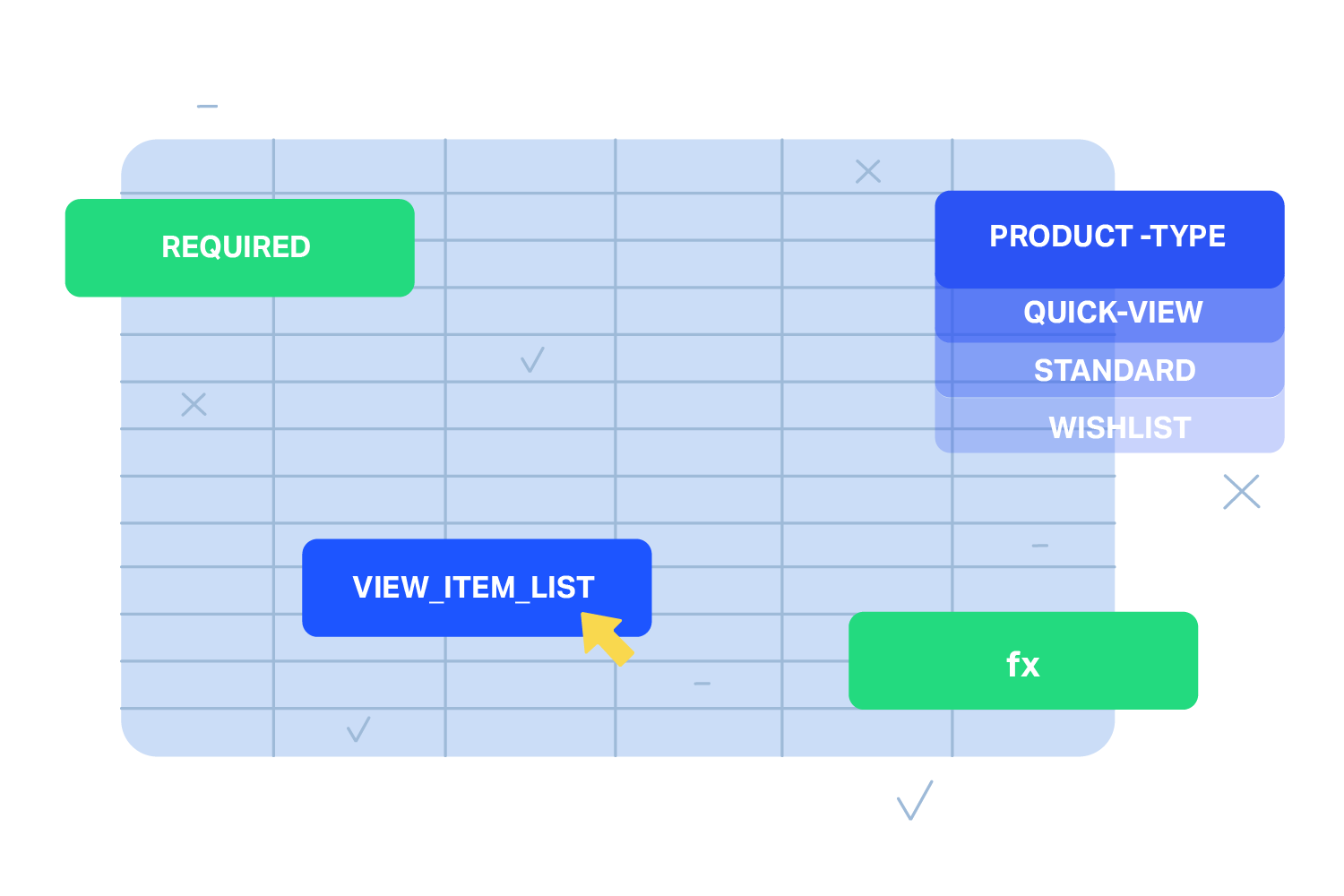 GTM tag and event matrix spreadsheet template showing a required flag, a product-type dropdown, and the view_item_list event